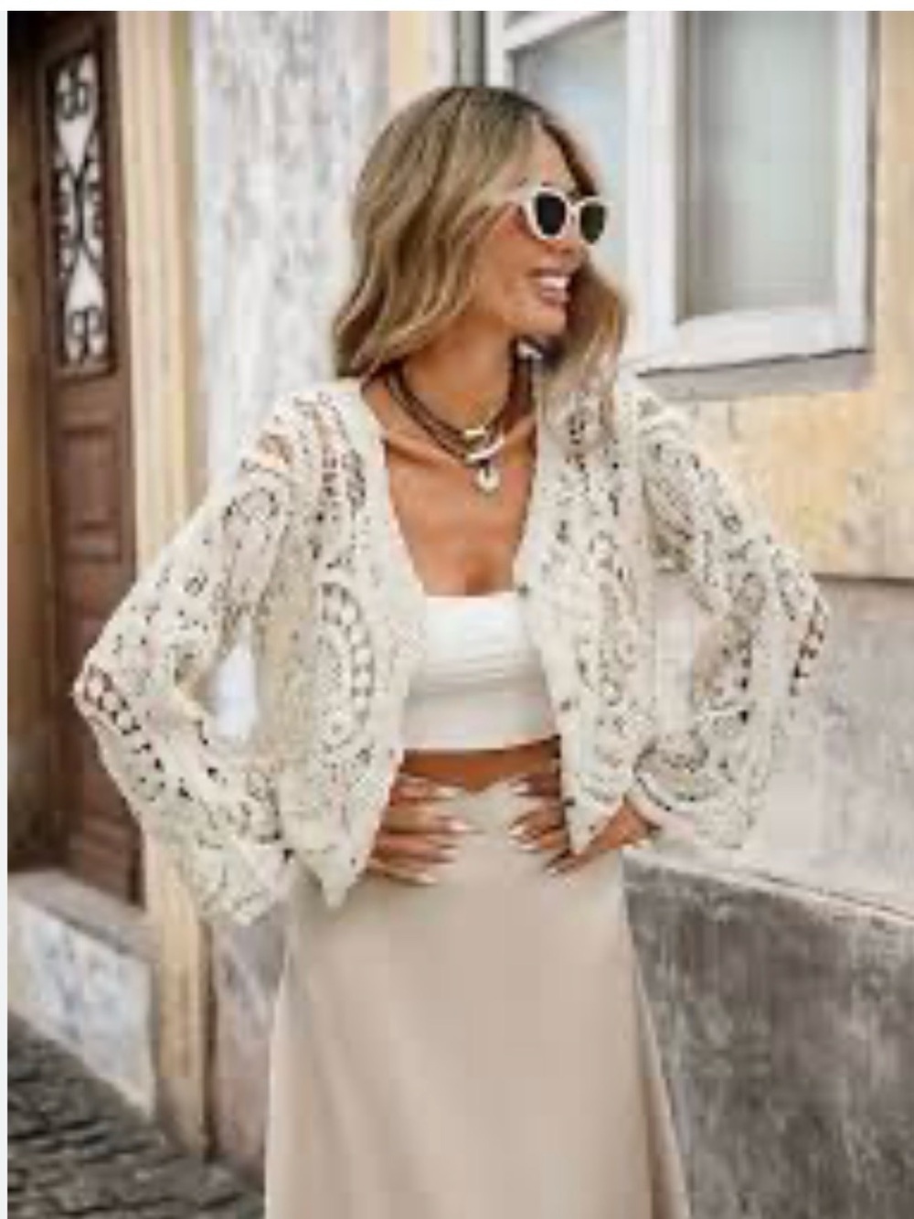 Lace Crochet Open-Front Sweater Cardigan - Cream